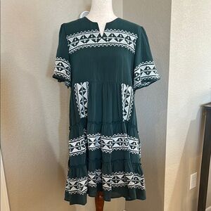 Green and White embroidered Size large Dress